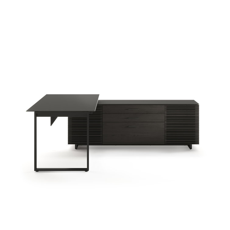 Charcoal Stained Ash Executive L-Shaped Desk with Glass Top