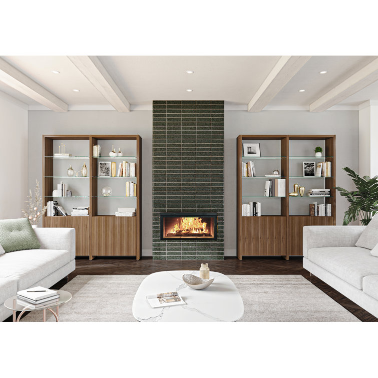 Natural Walnut Hardwood Veneer Adjustable Bookcase with Clear Glass Shelves