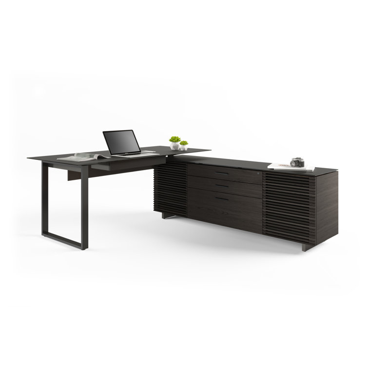 Charcoal Stained Ash Executive L-Shaped Desk with Glass Top