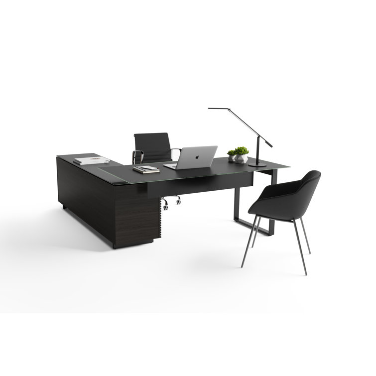 Charcoal Stained Ash Executive L-Shaped Desk with Glass Top