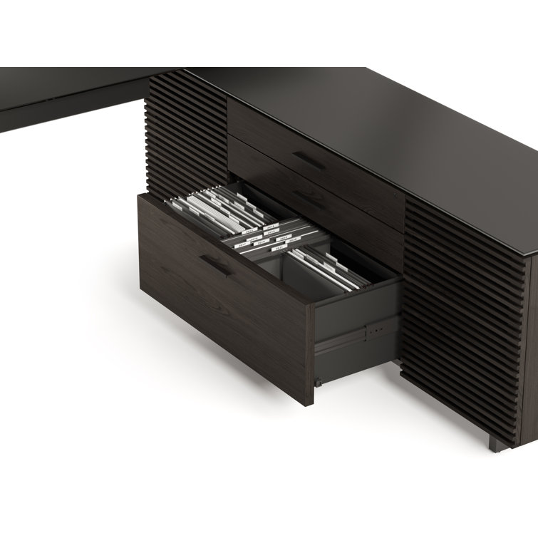 Charcoal Stained Ash Executive L-Shaped Desk with Glass Top