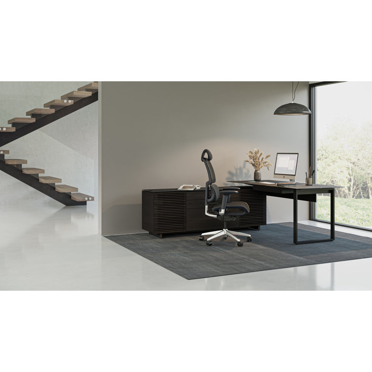 Corridor Natural Walnut Executive L-Shaped Desk with Glass Top