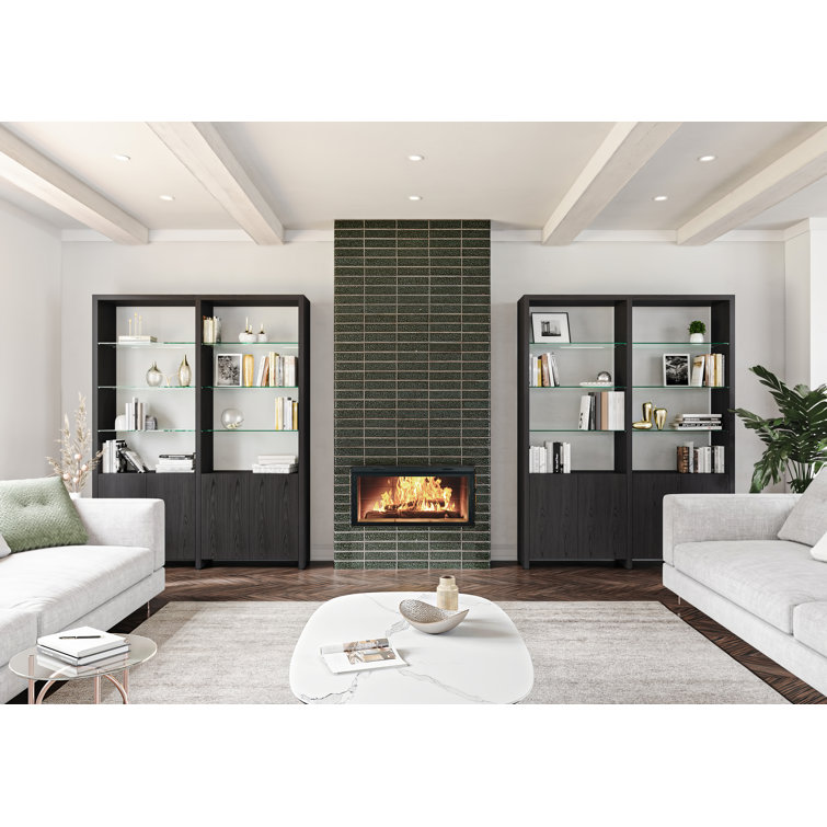 Charcoal Stained Ash Adjustable Hardwood Veneer Bookcase with Glass Shelves