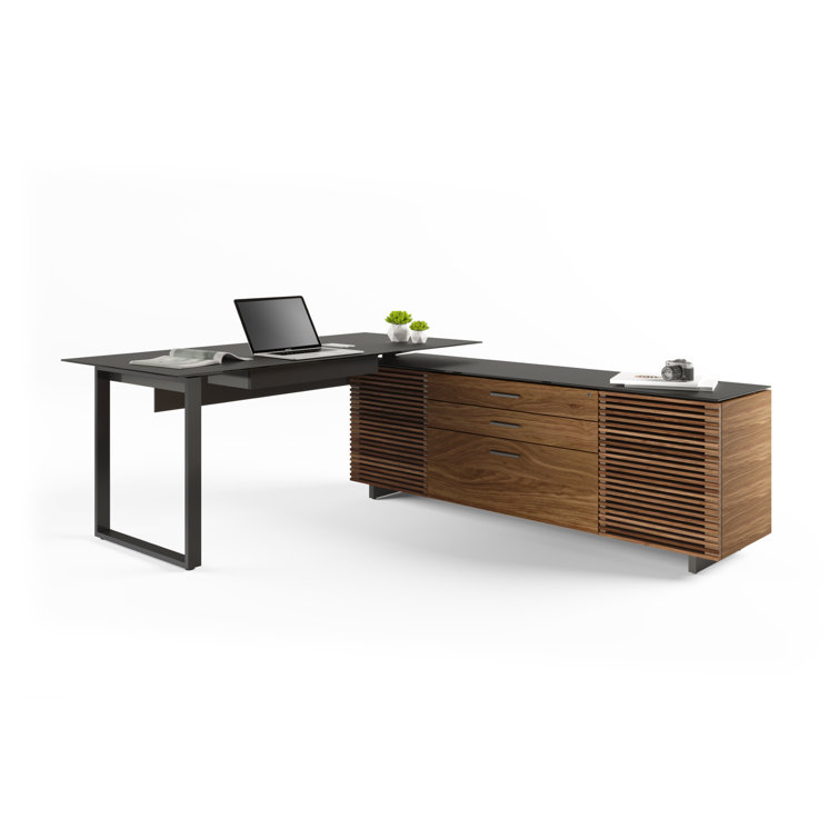 Corridor Natural Walnut Executive L-Shaped Desk with Glass Top