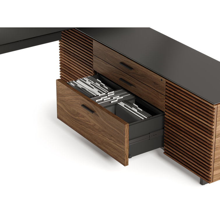 Corridor Natural Walnut Executive L-Shaped Desk with Glass Top