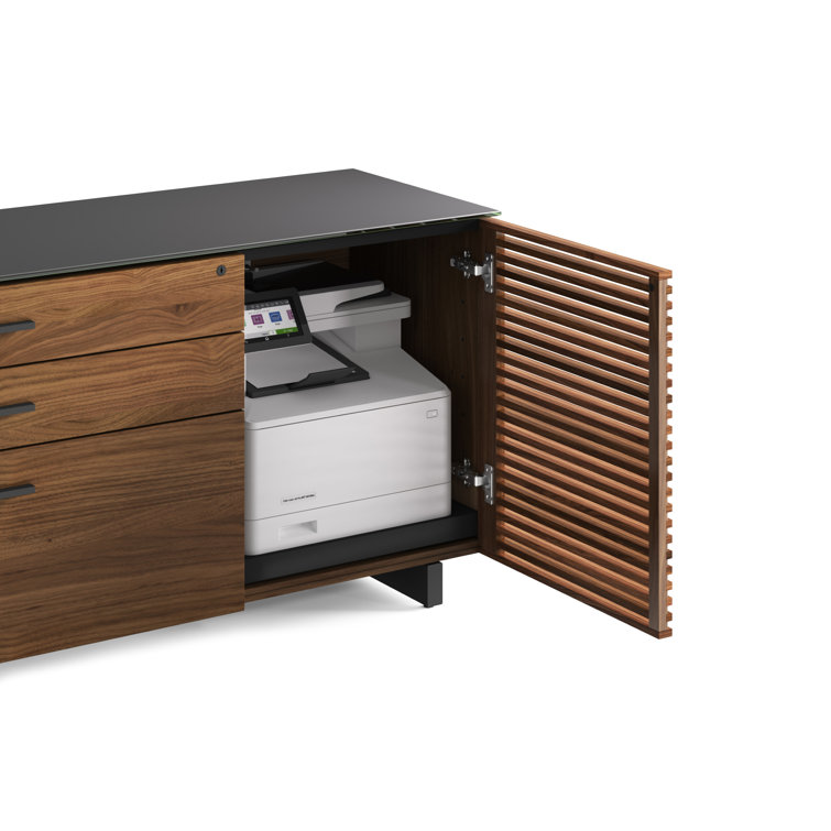 Corridor Natural Walnut Executive L-Shaped Desk with Glass Top
