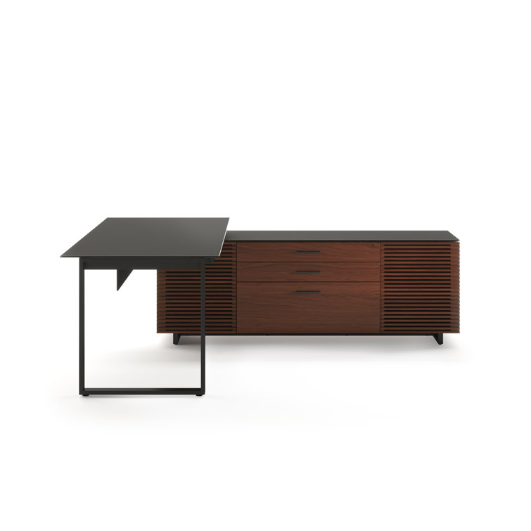 Executive Chocolate Walnut L-Shaped Desk with Glass Top and Drawers