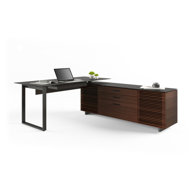 Executive Chocolate Walnut L-Shaped Desk with Glass Top and Drawers