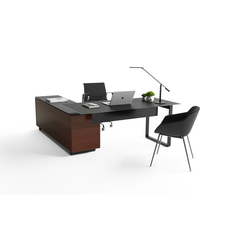Executive Chocolate Walnut L-Shaped Desk with Glass Top and Drawers