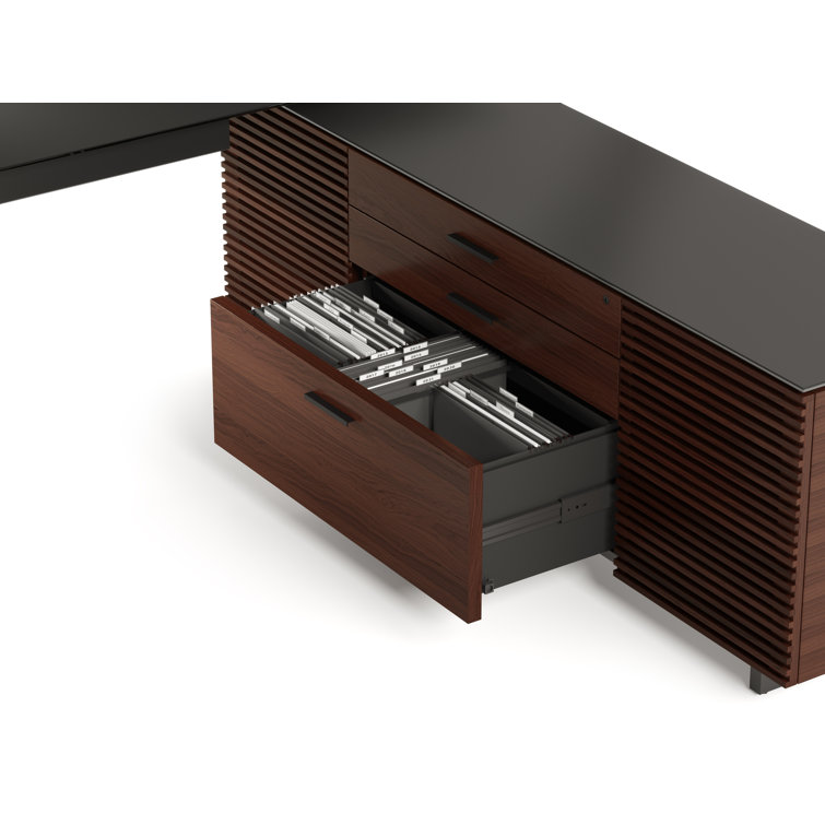 Executive Chocolate Walnut L-Shaped Desk with Glass Top and Drawers