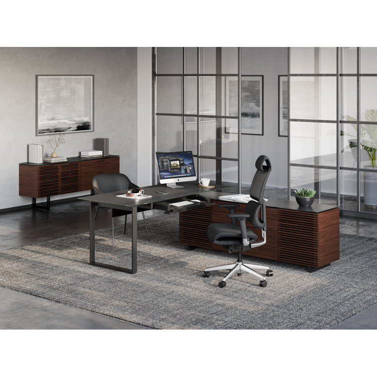 Corridor Natural Walnut Executive L-Shaped Desk with Glass Top