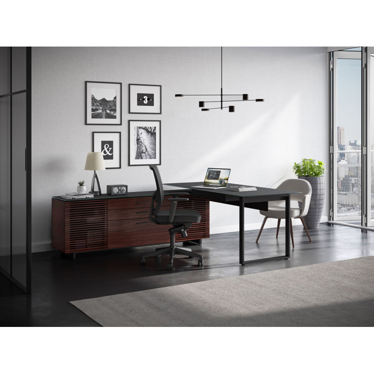 Corridor Natural Walnut Executive L-Shaped Desk with Glass Top