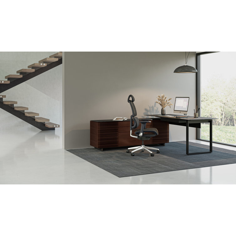 Corridor Natural Walnut Executive L-Shaped Desk with Glass Top