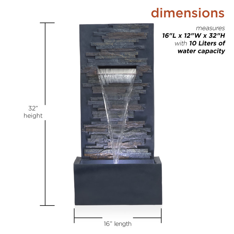 Gray Polystone and Fiberglass Cascading Wall Fountain with LED Lights