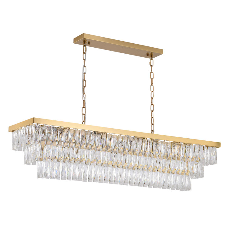 Gold Metal Rectangular Chandelier with Clear Crystal Accents