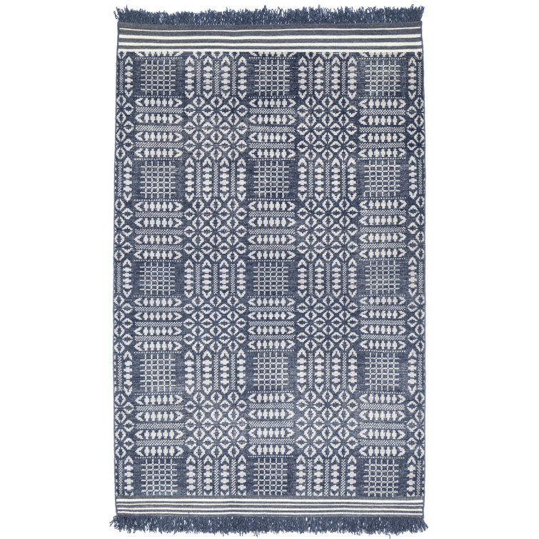 Handmade Blue Geometric Wool Area Rug 5' x 8'