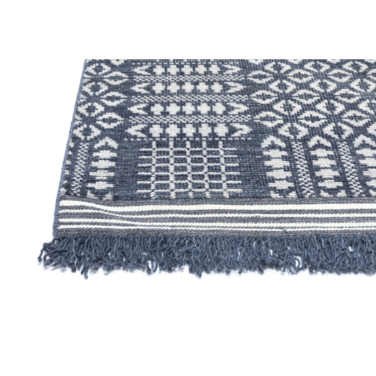 Handmade Blue Geometric Wool Area Rug 5' x 8'