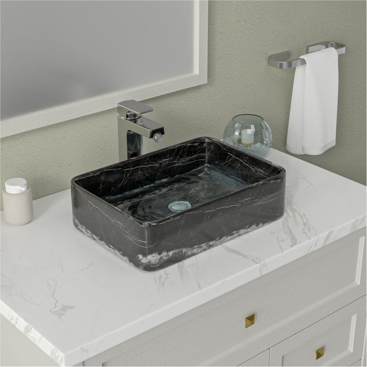 Black and Gray Marble Ceramic Rectangular Vessel Sink