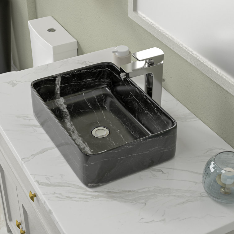 Black and Gray Marble Ceramic Rectangular Vessel Sink
