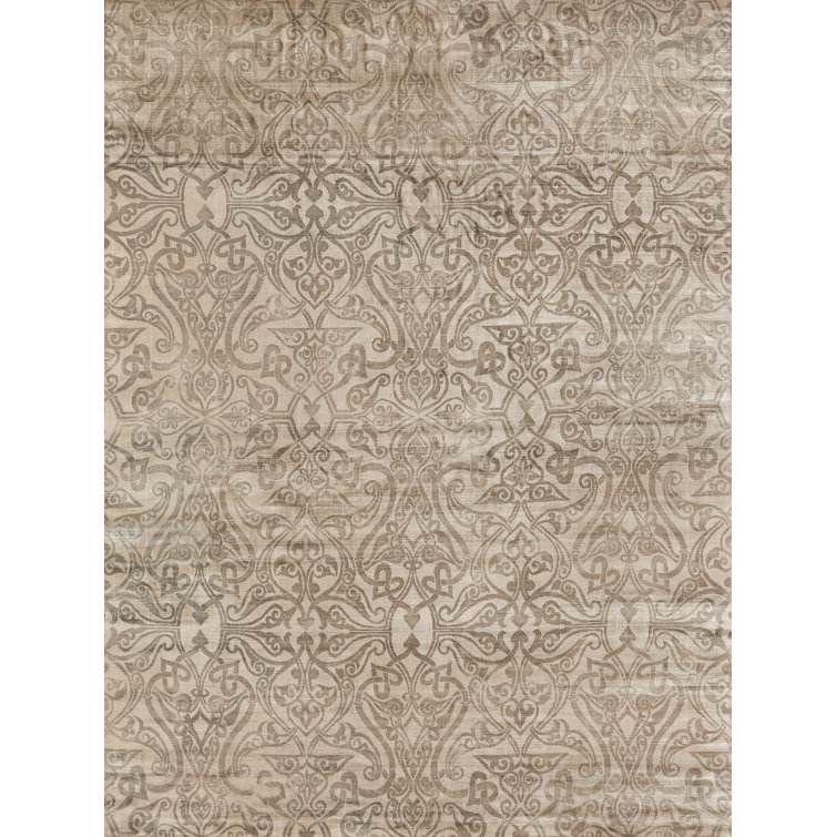 Handmade Beige Viscose Rectangular Damask Rug 8' x 10'