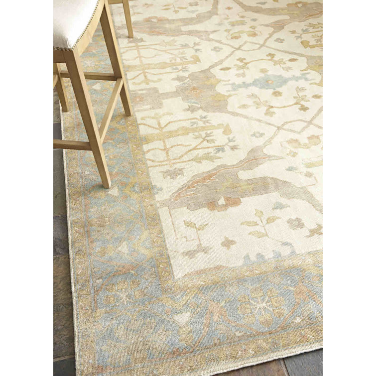 Hand-Knotted Blue and Ivory Wool 8' x 10' Oriental Rug