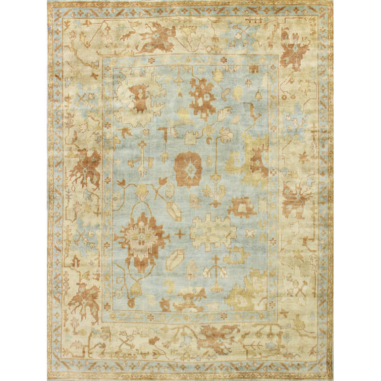 Hand-Knotted Beige and Dark Blue Wool Oriental Rug, 8' x 10'