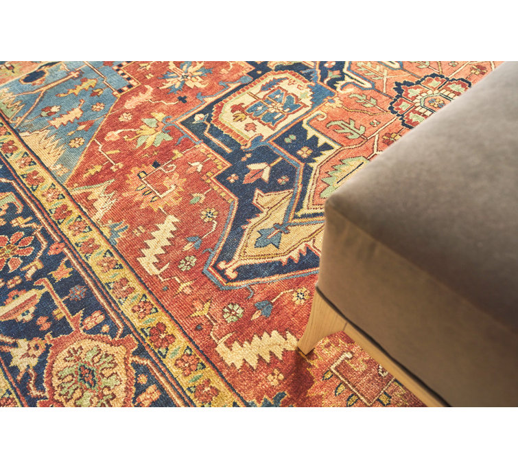Antique Weave Serapi Hand-Knotted Wool Rug in Blue and Rust