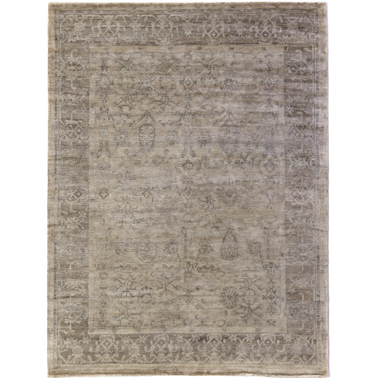 Beige and Light Brown Hand-Knotted Oriental Silk Rug, 9' x 12'