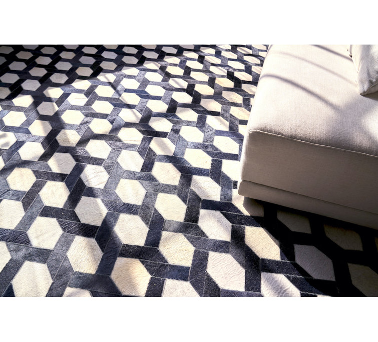 Handmade Blue and White Geometric Cowhide Rectangular Rug