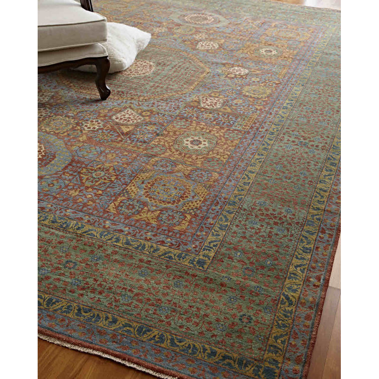 Hand-Knotted Green and Rust Wool 8' x 10' Area Rug