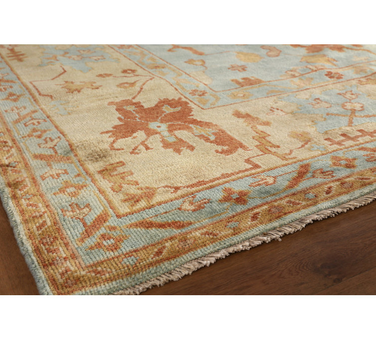 Hand-Knotted Beige and Dark Blue Wool Oriental Rug, 8' x 10'