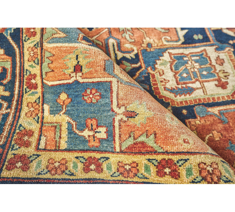 Antique Weave Serapi Hand-Knotted Wool Rug in Blue and Rust