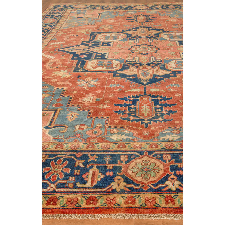 Antique Weave Serapi Hand-Knotted Wool Rug in Blue and Rust