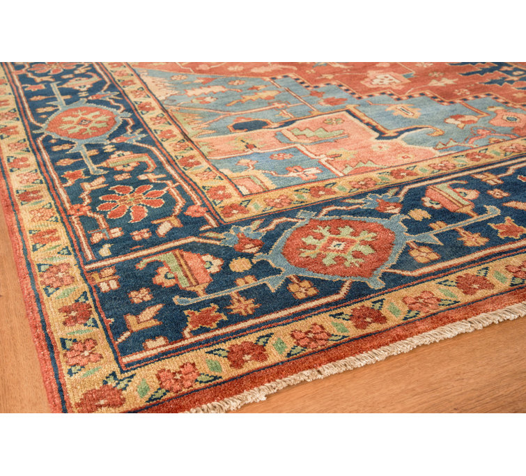Antique Weave Serapi Hand-Knotted Wool Rug in Blue and Rust