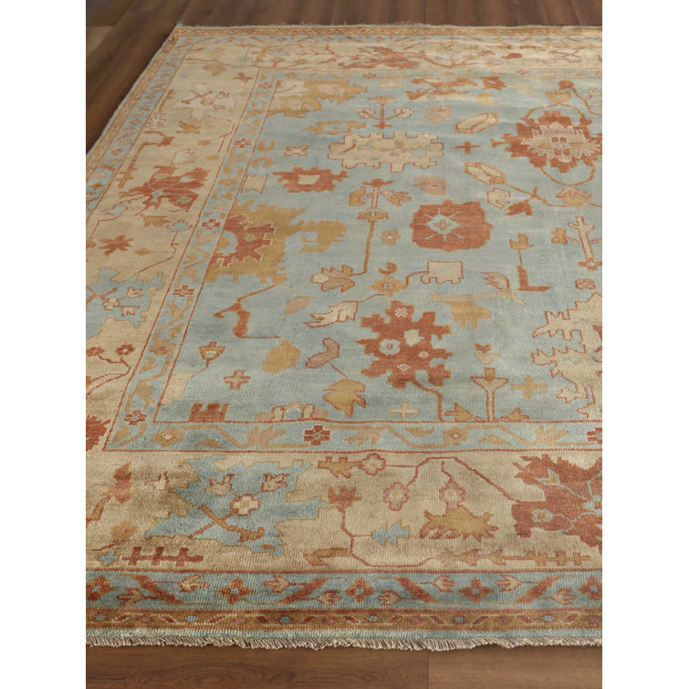 Hand-Knotted Beige and Dark Blue Wool Oriental Rug, 8' x 10'
