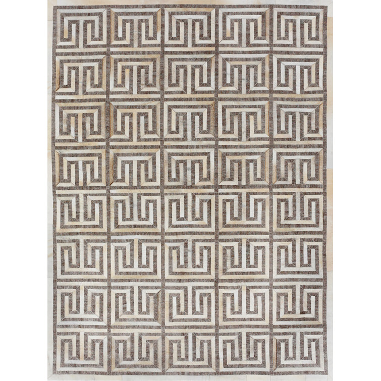 Ivory and Brown Geometric Handmade Viscose Cowhide Rug