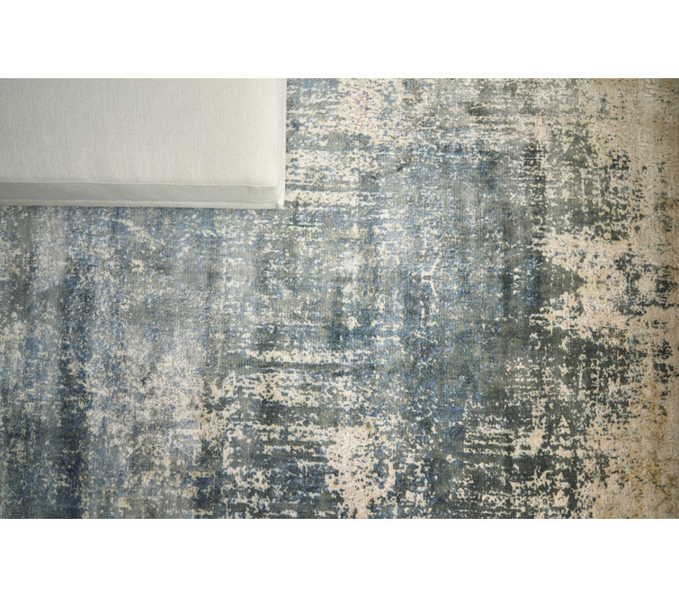 Reflections Abstract Blue & Ivory Hand-Loomed 10' x 14' Viscose Rug