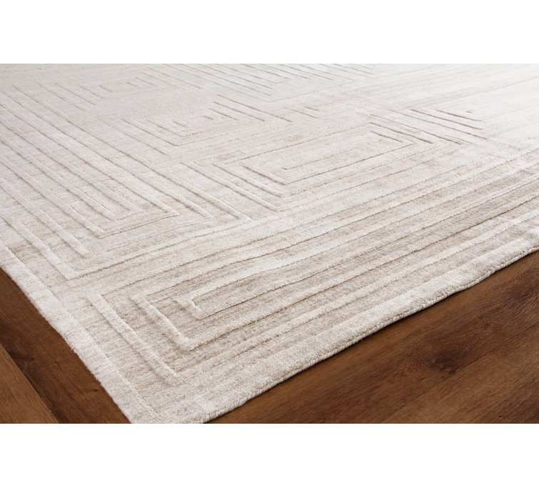 Light Beige Geometric Wool and Viscose Area Rug, 8' x 10'