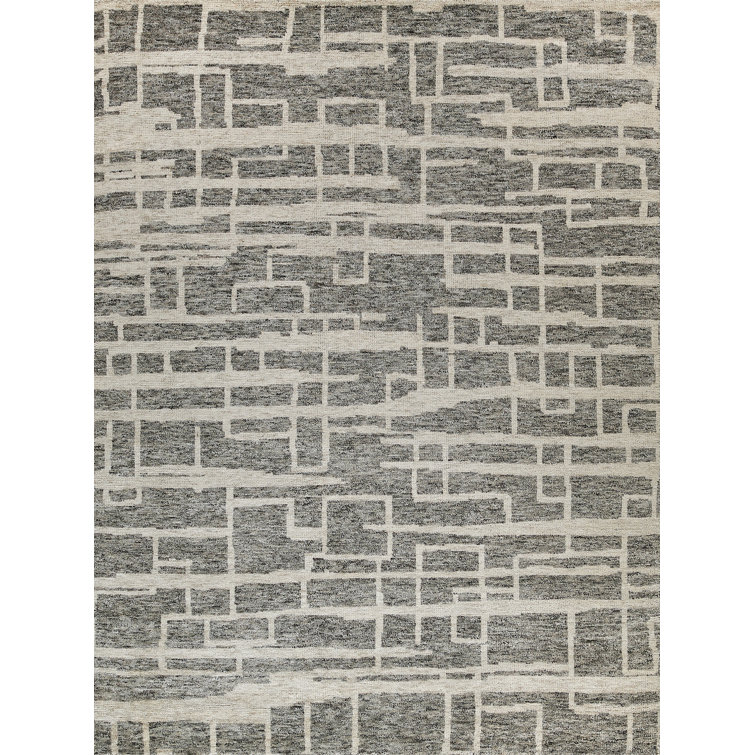 Ivory and Charcoal Geometric Hand-Knotted Wool Rug, 9' x 12'