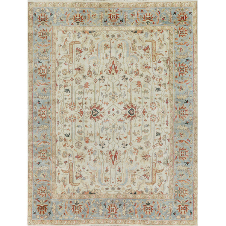 Light Blue and Beige Hand-Knotted Wool Geometric 9' x 12' Rug