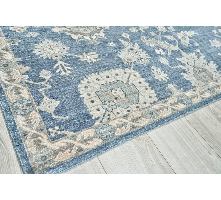 Navy and Beige Hand-Knotted Viscose Rectangular Rug 6' x 9'