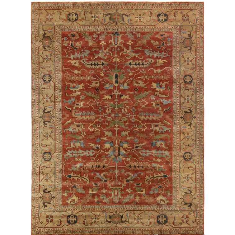 Hand-Knotted Gold and Rust Geometric Wool Rug, 10' x 14'