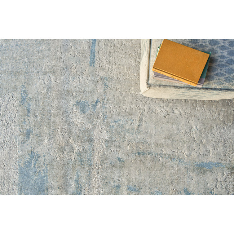 Handmade 10' x 14' Blue Abstract Viscose Cotton Rug
