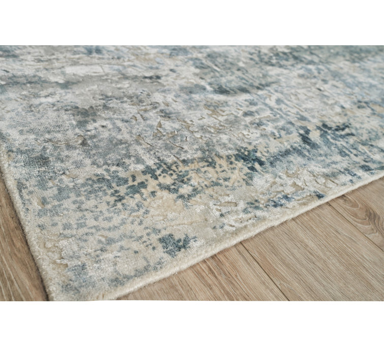 Ivory and Blue Handmade Abstract Viscose Area Rug