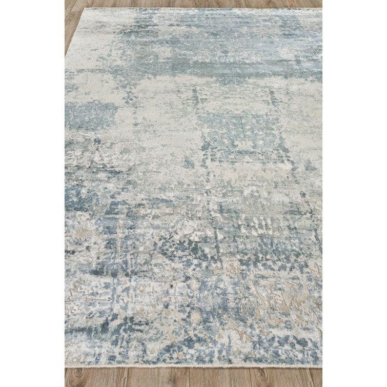 Ivory and Blue Handmade Abstract Viscose Area Rug
