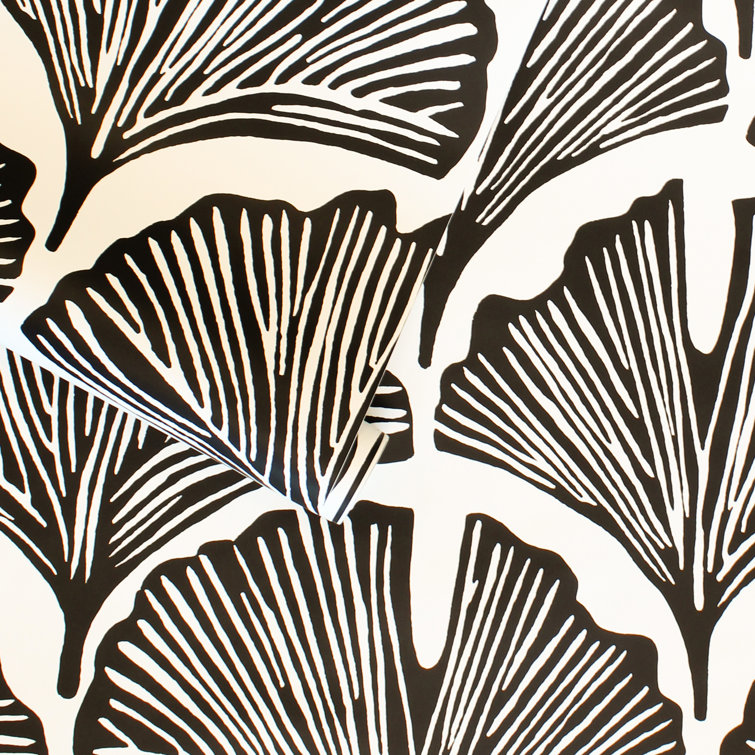 Black and White Feather Palm Peel and Stick Wallpaper Roll