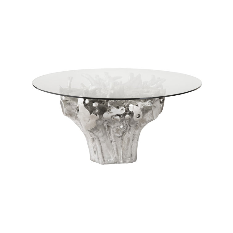 Silver Leaf Finish Round Glass Dining Table with Root Base