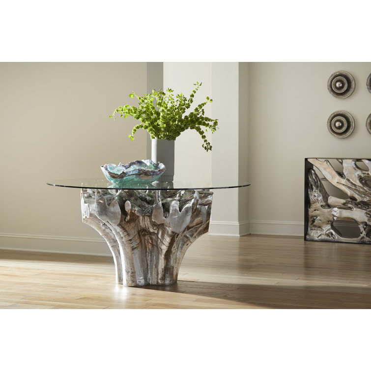 Silver Leaf Finish Round Glass Dining Table with Root Base