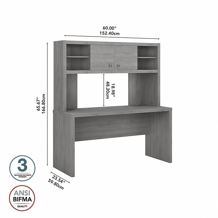 Modern Gray Wood Credenza Desk with Hutch and Filing Cabinet