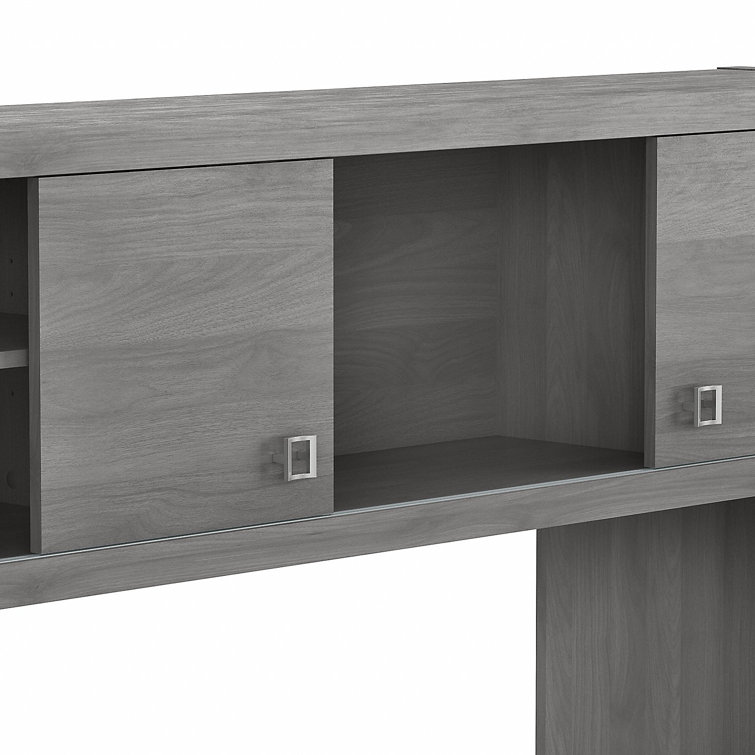 Modern Gray Wood Credenza Desk with Hutch and Filing Cabinet